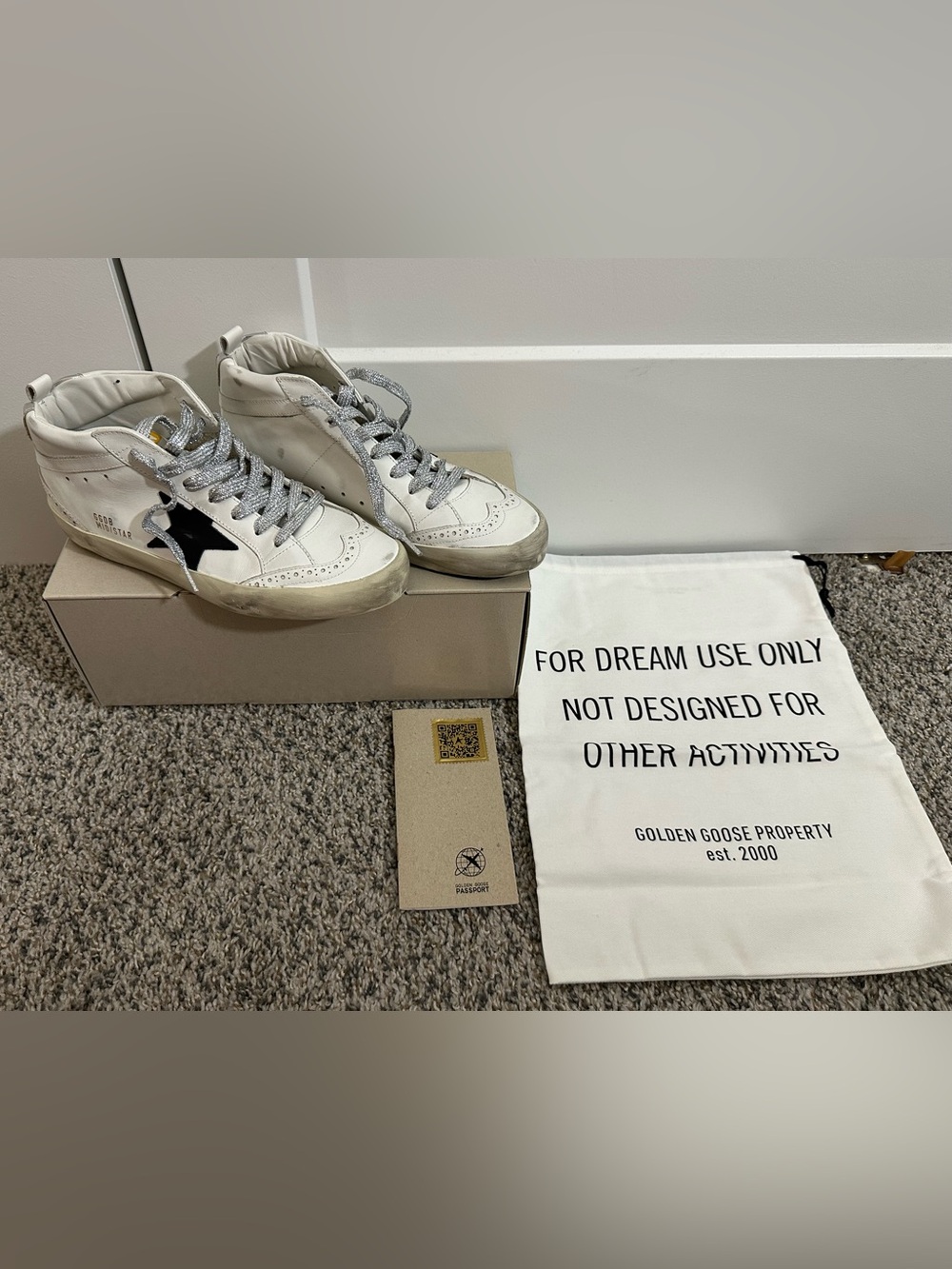 Golden Goose White Leather High-Top Sneakers with Navy Star and Silver Laces